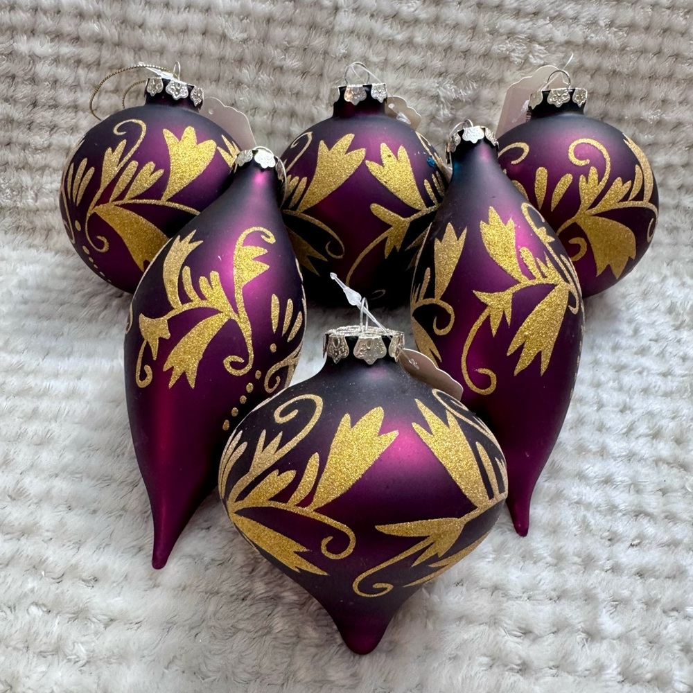 Set 6 Assorted Designer Thick Elegant Purple and Gold Holiday Ornaments